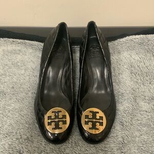 Tory Burch Black Wedges with Gold Emblem